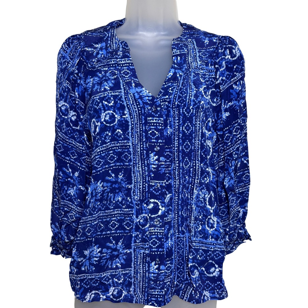 Gilner Farrar Blue Geometric Mosaic Puff Sleeve Split Vneck Boho Blouse Women XS